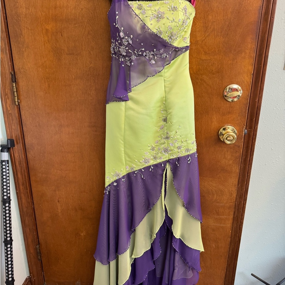 Maggie Sottero Lime Green and Purple Asymmetrical One Shoulder Gown